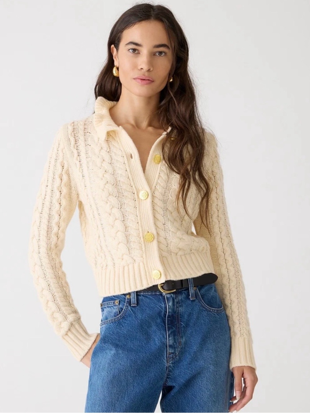 J.Crew Cable-knit ruffleneck cardigan sweater Butter Cream Preppy Old Money